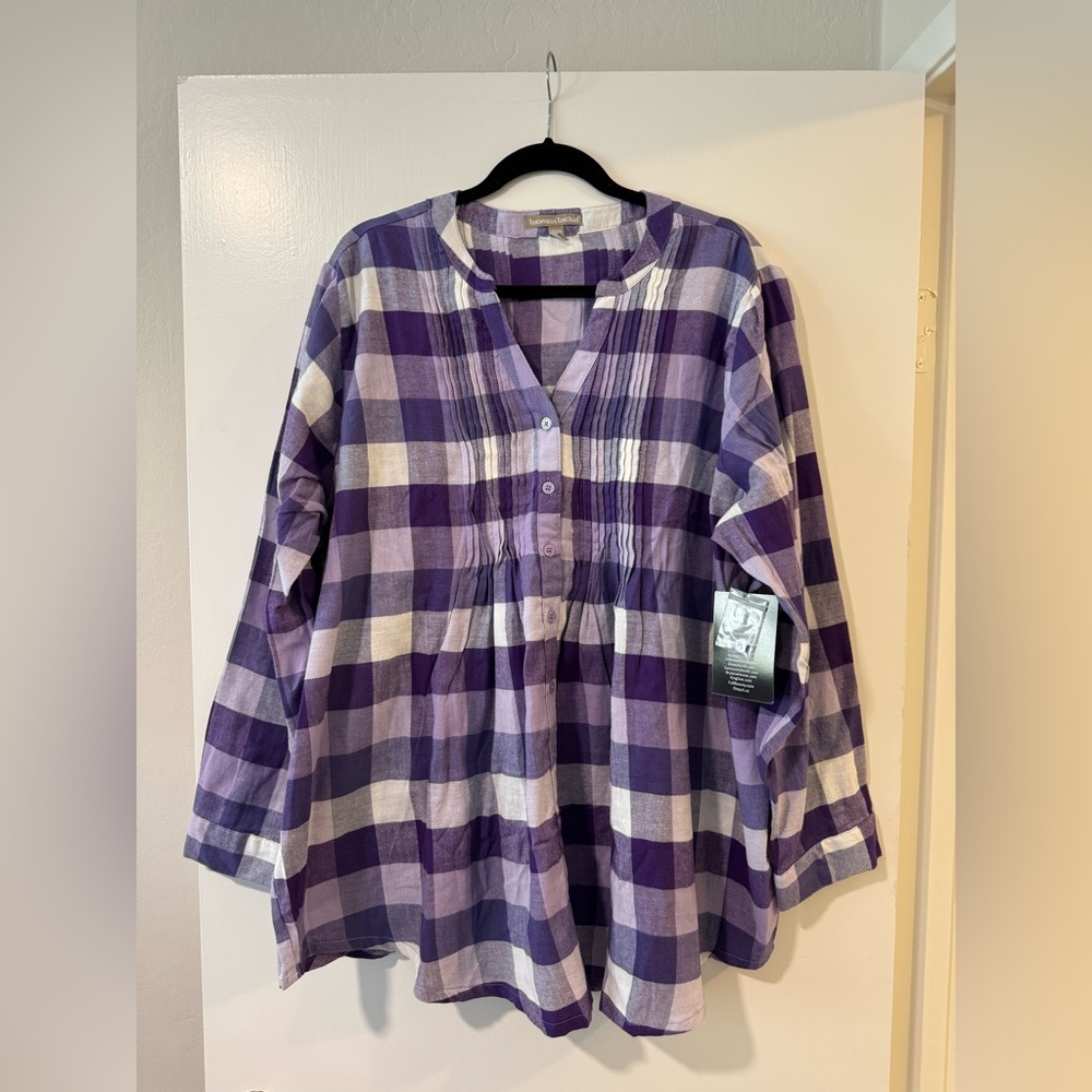 NWT Catherine’s Plaid Button-Up long sleeve Shirt in purple and white